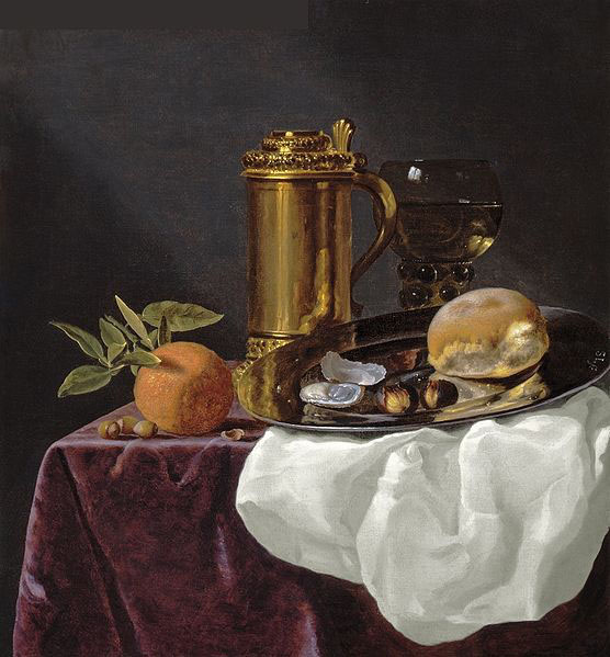 Tankard with Oysters, Bread and an Orange resting on a Draped Ledge